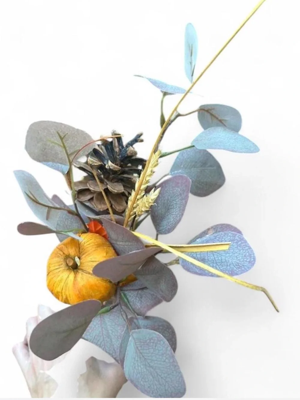 Artificial Eucalyptus & Pinecone Arrangement in Glass Vase - Purple and Gold